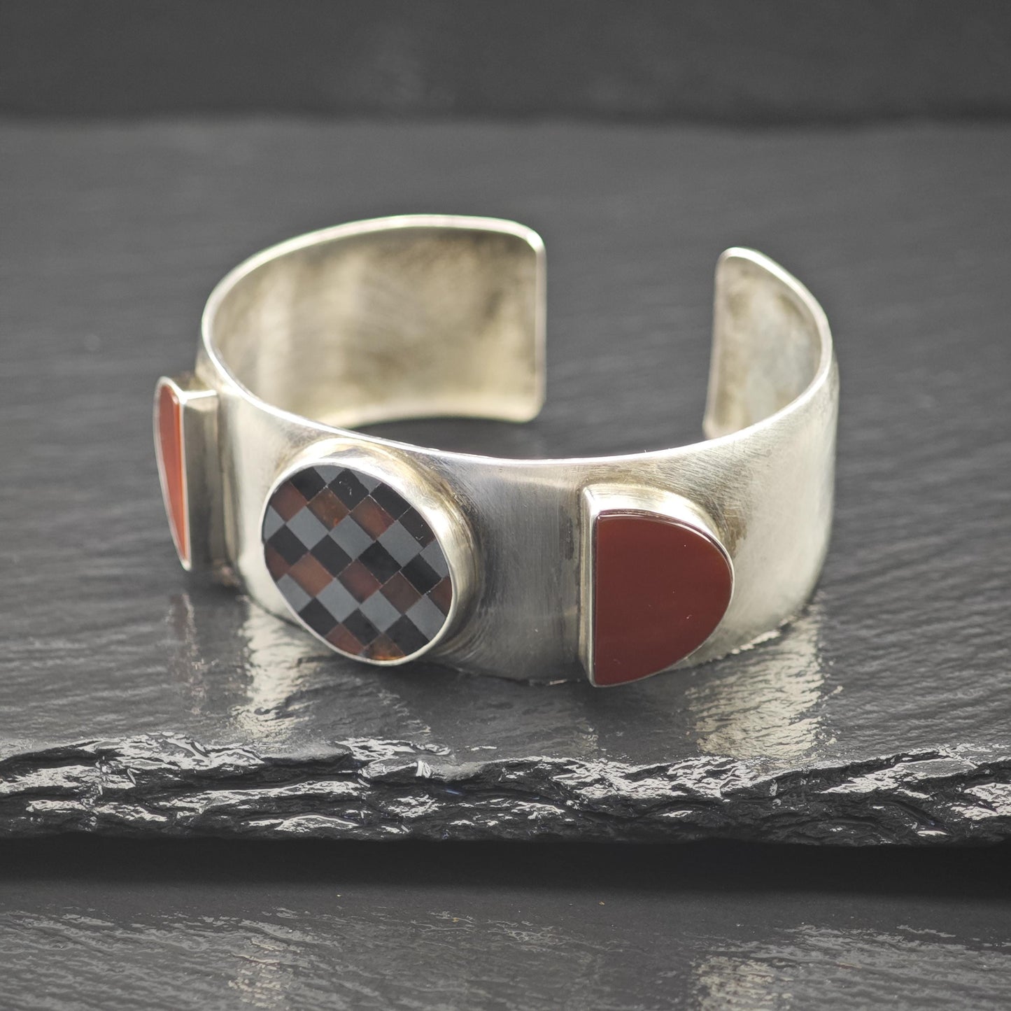 GFMW Mid Century Silver Cuff Bracelet Carnelian Checkered Sterling