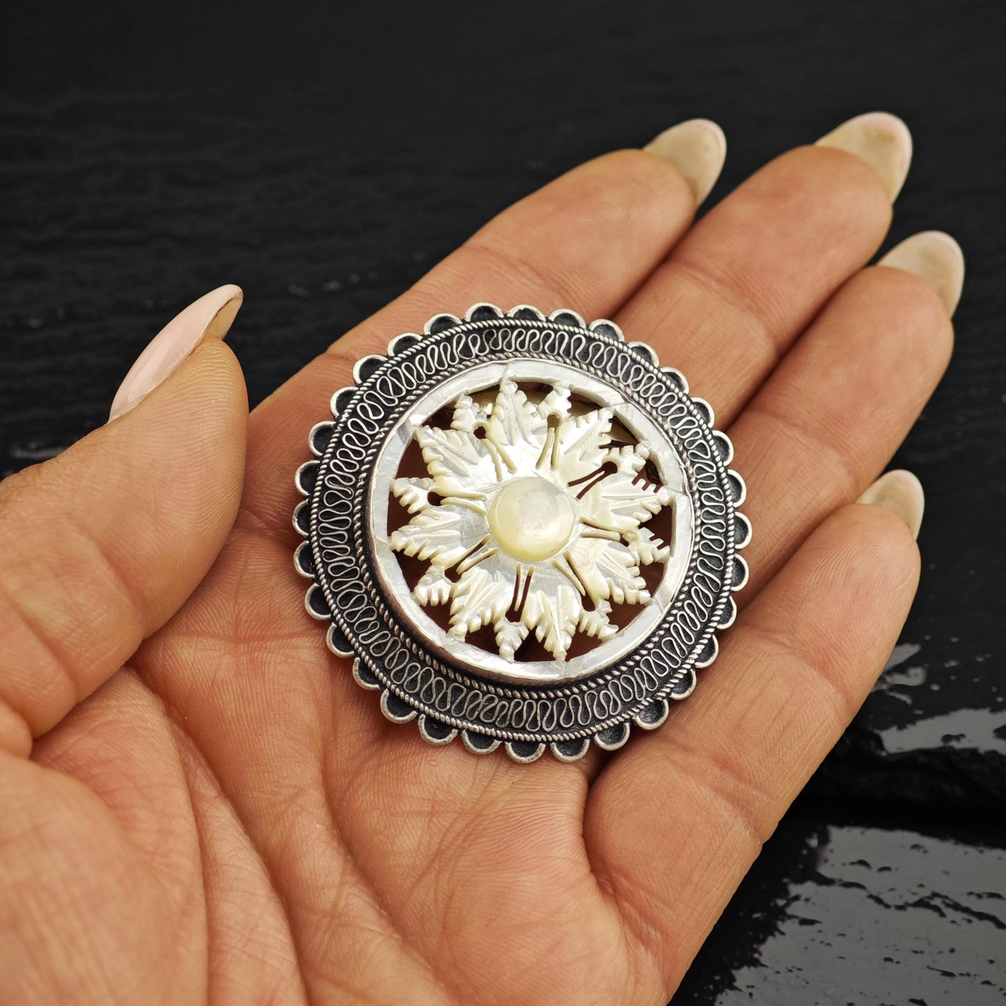 Jerusalem Snowflake, Carved MOP Brooch Pendant Sterling Silver