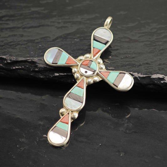Zuni Sunface Multistone Inlay Cross Sterling Silver Pendant P3139
