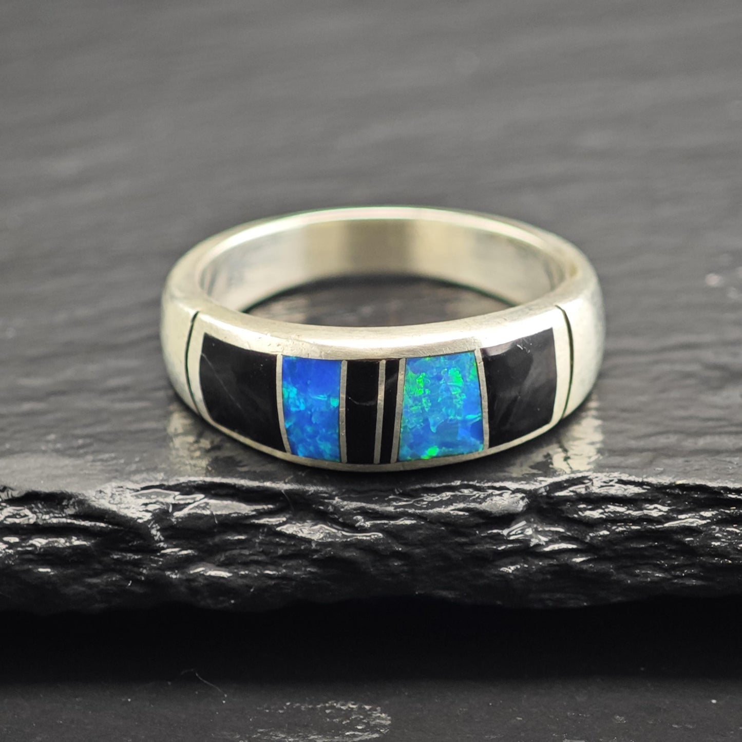 Vintage Lap Opal & Onyx Inlay Sterling Silver Ring Sz 9 3/4 R6633