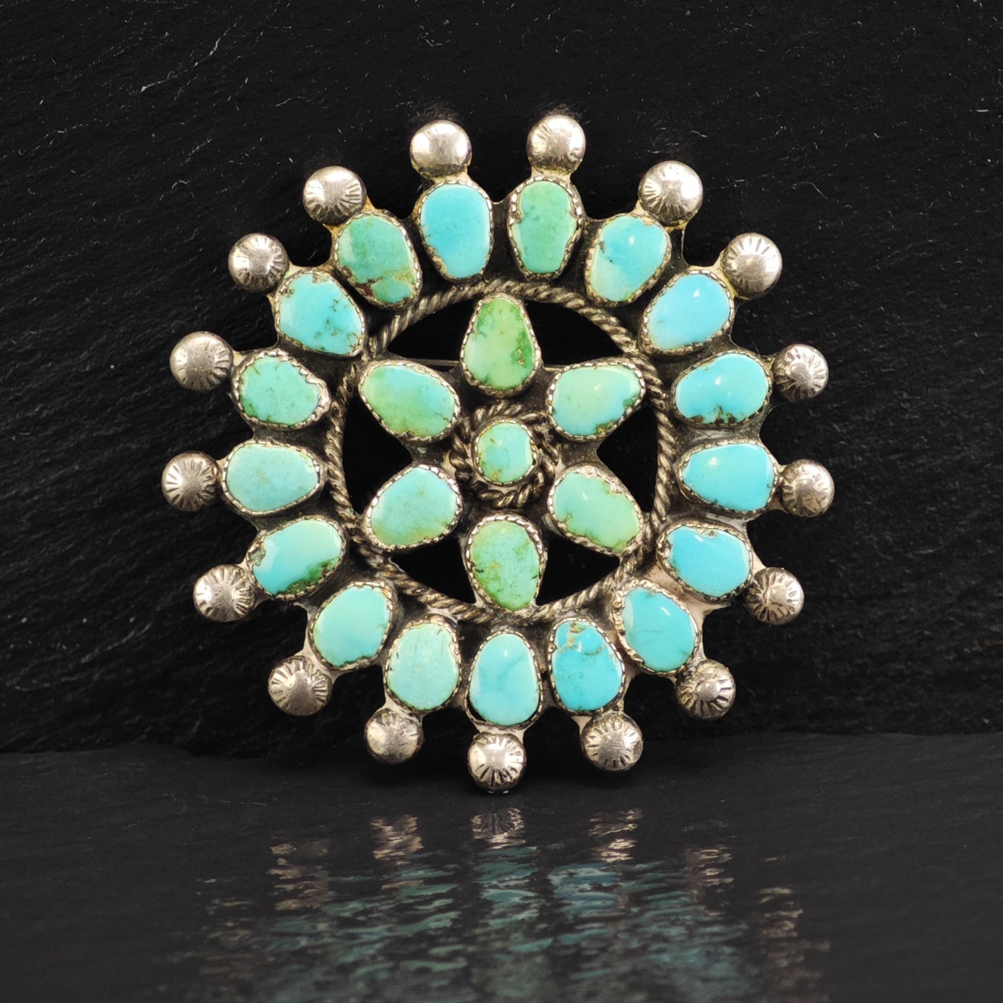 Floral Turquoise Cluster Sterling Silver Brooch