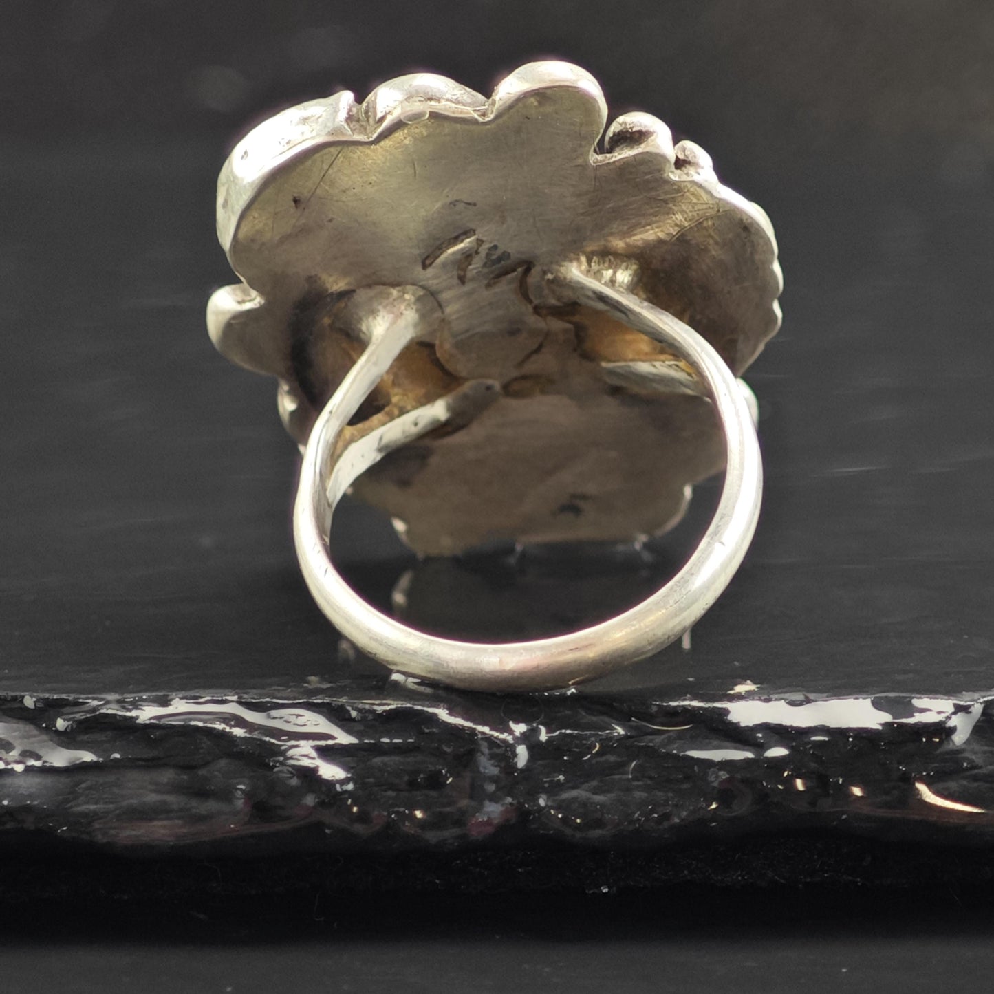 Native American Turquoise & Coral Stamped Detailing Sterling Silver Ring Sz 8.5 R6549