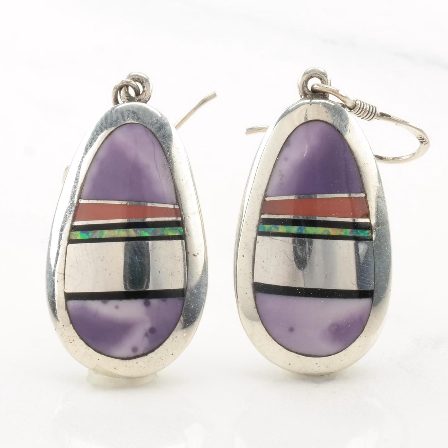 Native American Purple Inlay Fish Hook Earrings Sterling Silver