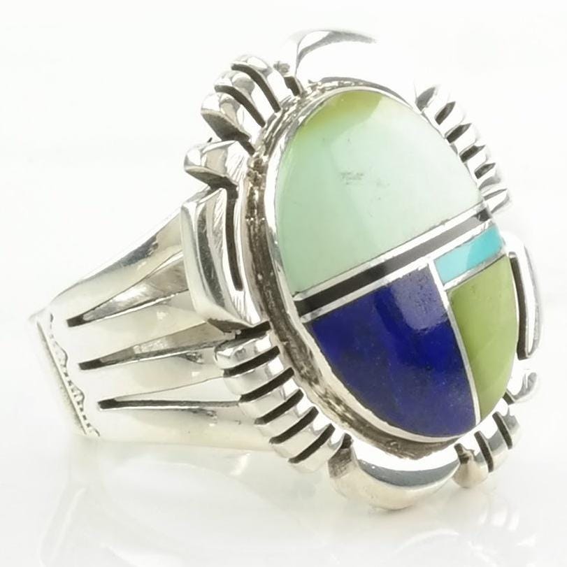 Vintage Native American Silver Ring Lapis Lazuli, Turquoise Inlay Sterling Size 9 1/2