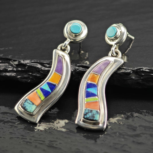 Vintage TSF Native American Multistone Inlay Sterling Silver Stud Earrings ER3219