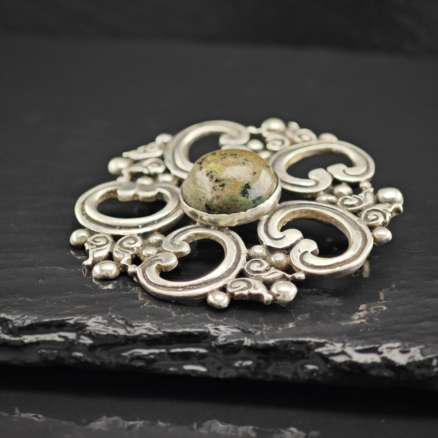 Taxco Multi-Color Serpentine Brooch in Sterling Silver Geometric Design