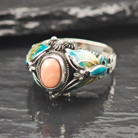 Chinese Export Enamel Conch Butterfly Ring Sterling Silver