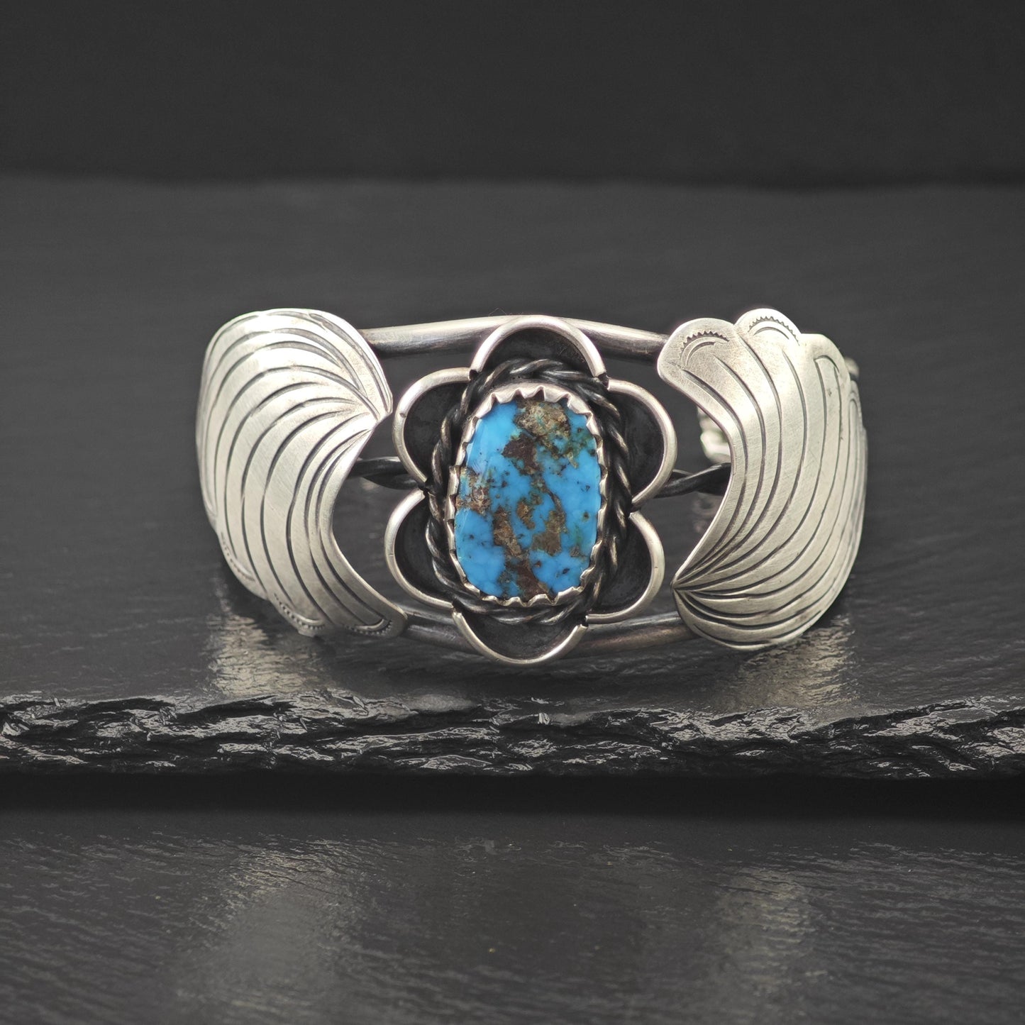 Signed Native American Bisbee Turquoise Floral Cuff Bracelet Sterling Silver