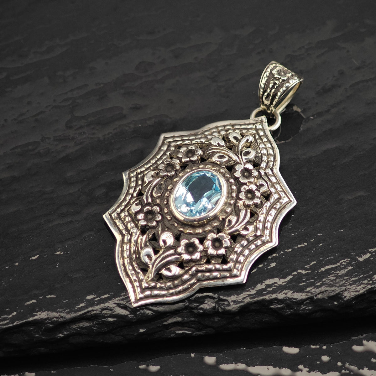 Topaz Floral Repousse Detailing Sterling Silver Pendant P3148