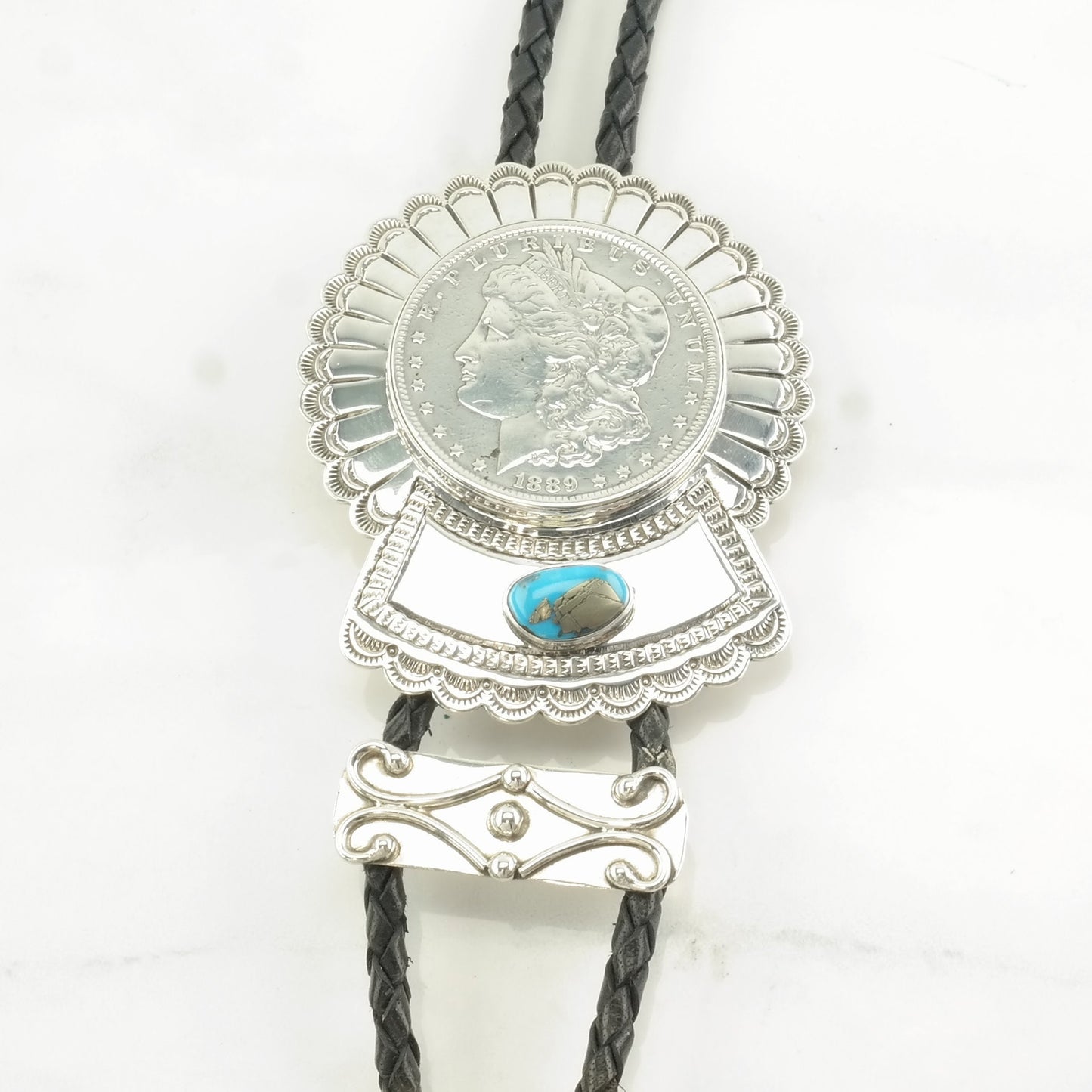 1889 Morgan Silver Dollar Bolo Tie Native American Sterling Silver Turquoise Necklace