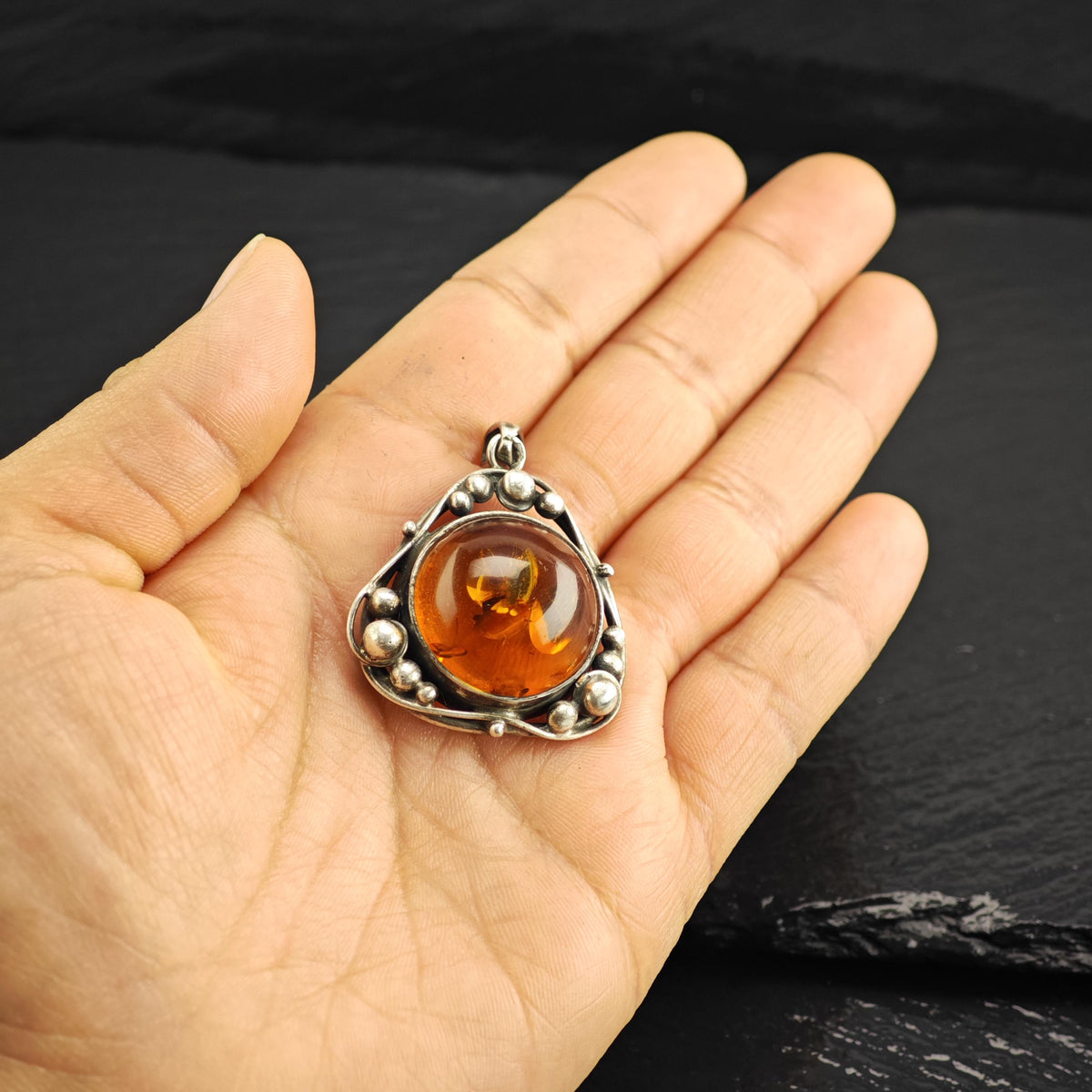 Art Nouveau Style Amber Sterling Silver Pendant P3113