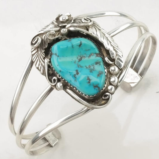 Vintage Native American Sterling Silver Cuff Bracelet Blue Turquoise Leaf, Sleeping Beauty