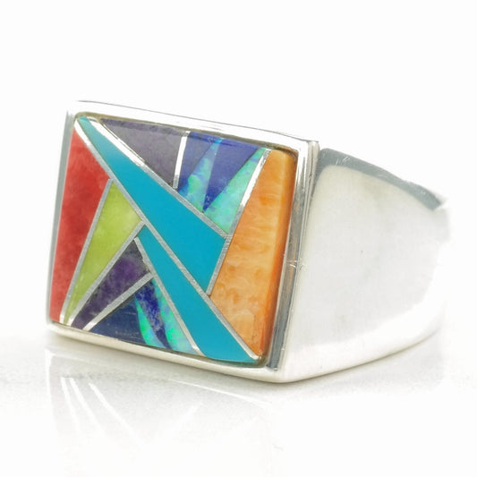 Vintage Sterling Silver Inlay Ring, Size 11 1/2, Turquoise, Opal, Multi-Stone, Southwestern, Signed Ferris