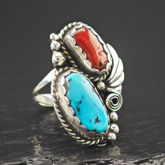 Native American Turquoise Coral Ring Sterling Silver