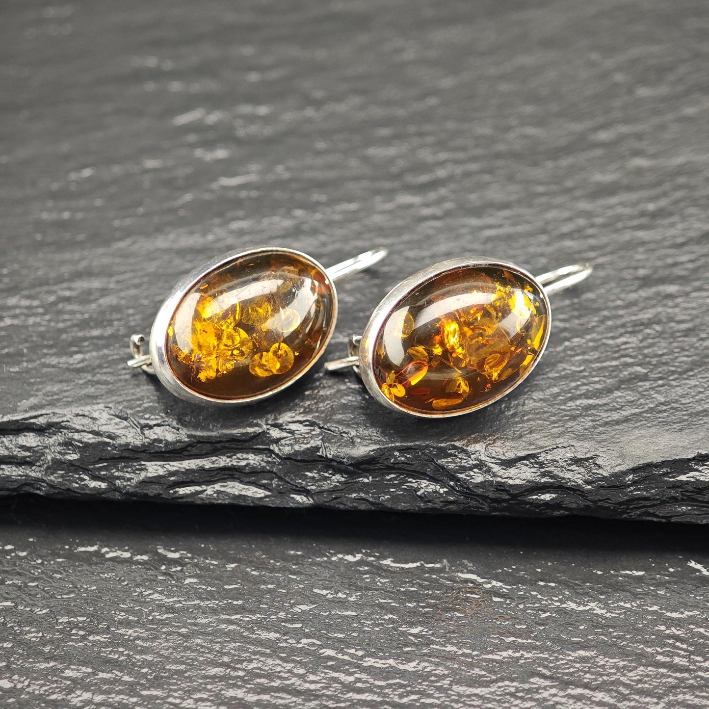 Vintage Brown Amber Oval, Fish Hook Earrings Sterling Silver