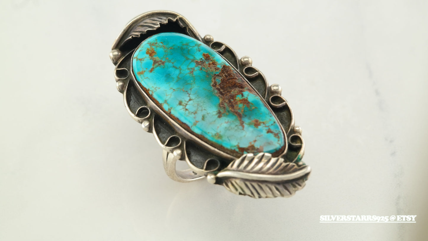 Vintage OOAK Native American Sterling Silver Ring Size 6.75 Blue Hawk, Eagle Waterweb Turquoise
