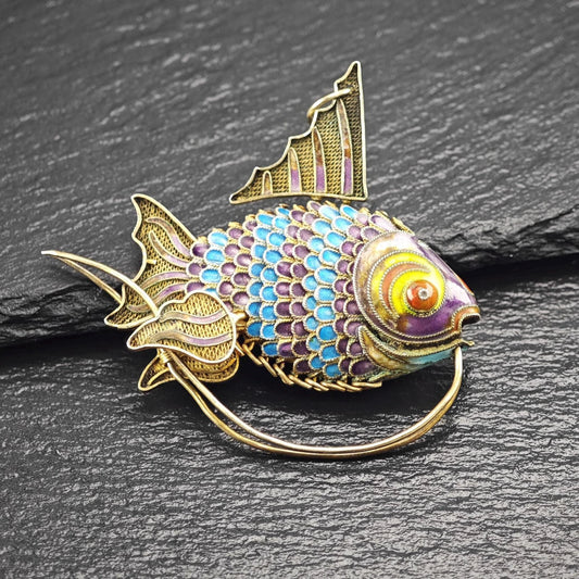 Articulated Enamel Chinese Export Koi Fish, Gold Gilded Sterling Silver P2746