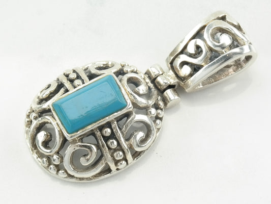 Vintage Block Turquoise Filigree Sterling Silver Pendant