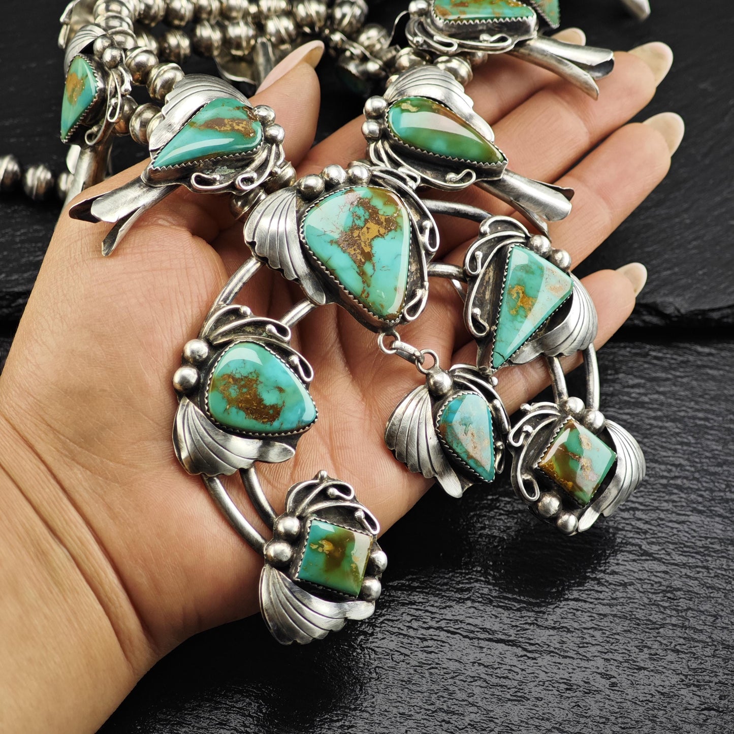 Native American Green Royston Turquoise Squash Blossom Necklace Sterling Silver