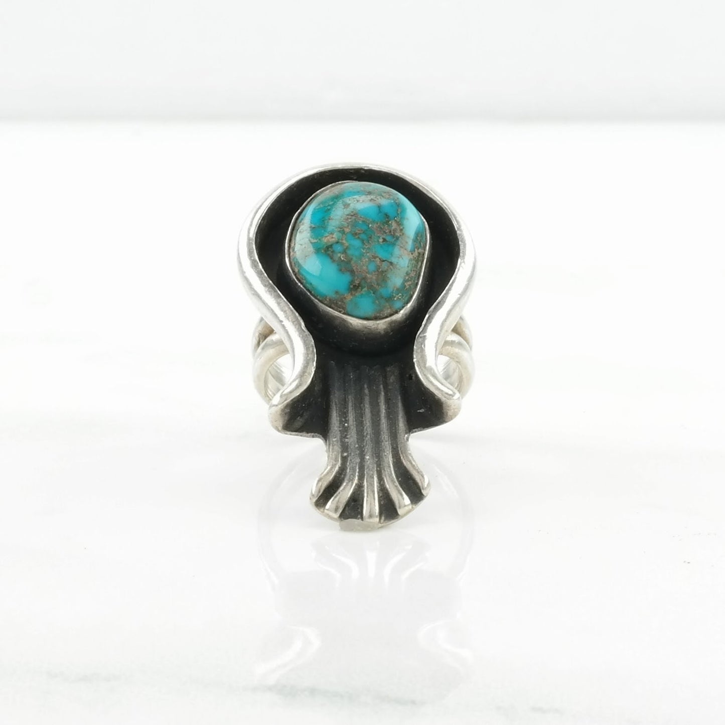 Native American Silver Ring High Grade, Spiderweb Blossom Sterling Blue Size 6