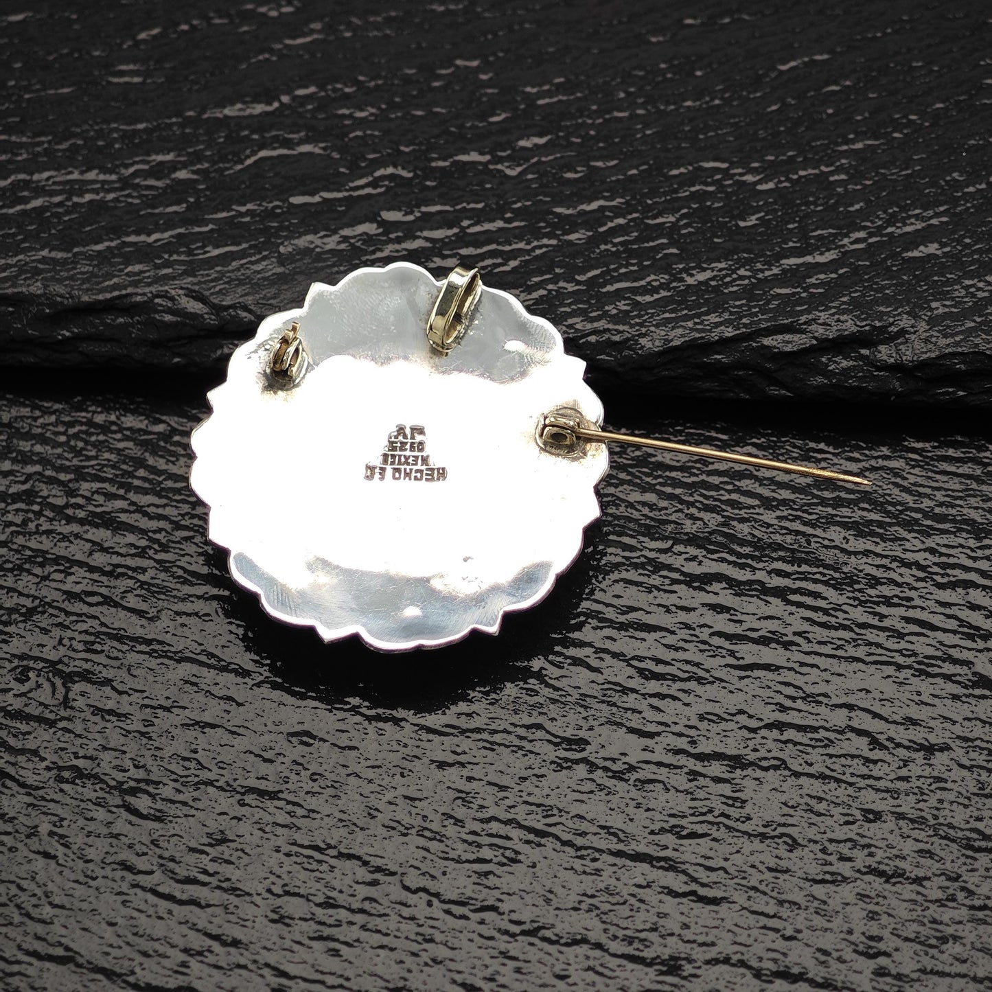 Vintage Taxco, Golden Sheen Obsidian Floral Pendant/Brooch Sterling Silver