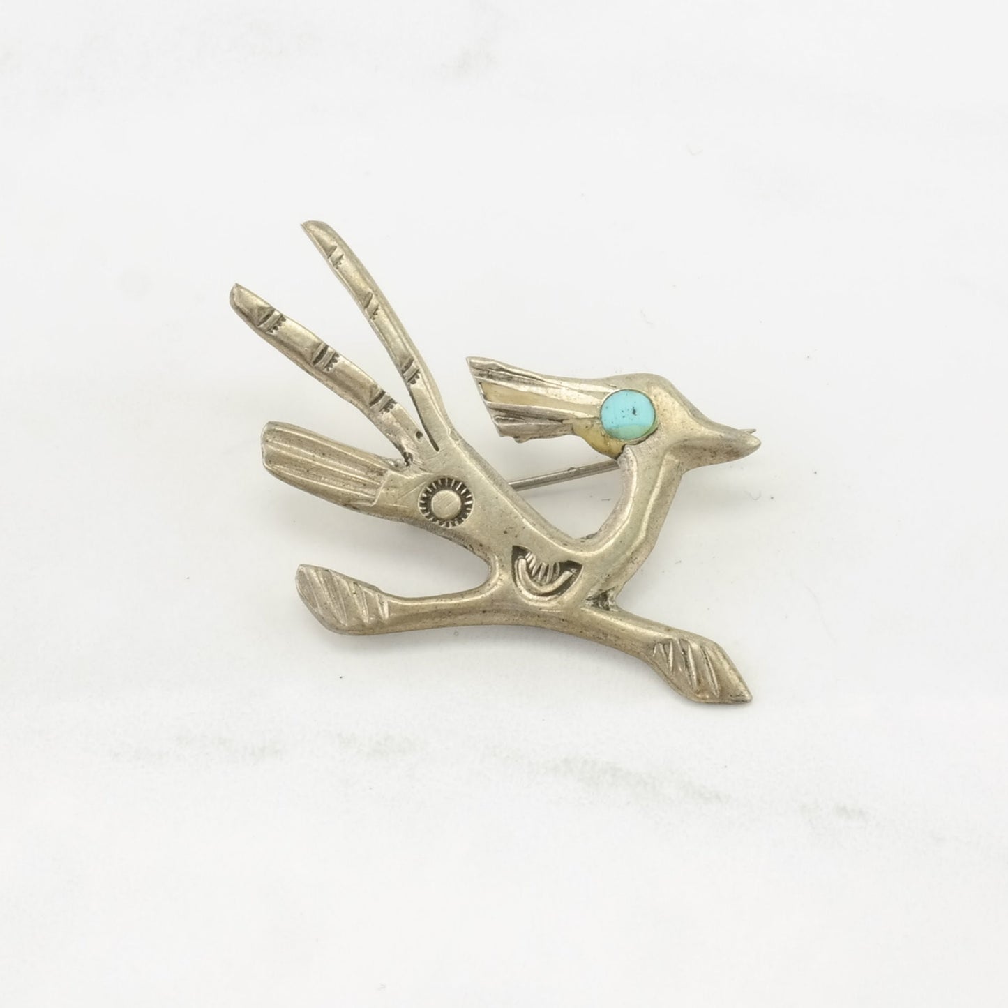 Vintage Southwest Sterling Silver Brooch Roadrunner Blue Turquoise