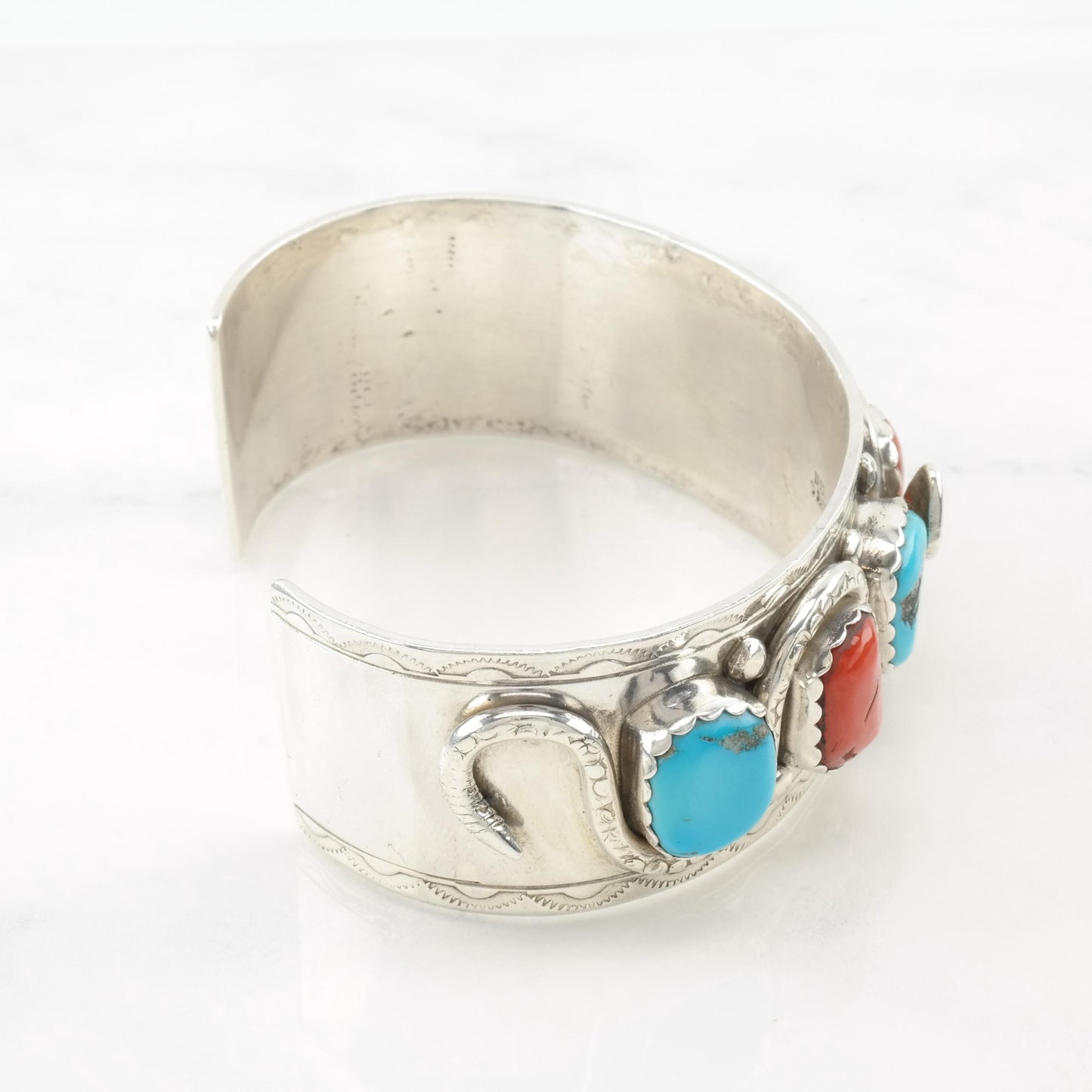 Zuni Snake Cuff Bracelet Native American Sterling Silver Sleeping Beauty Turquoise Mediterranean Coral