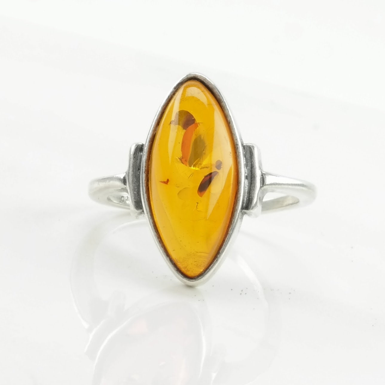 Navette Amber Silver Ring Sterling Orange