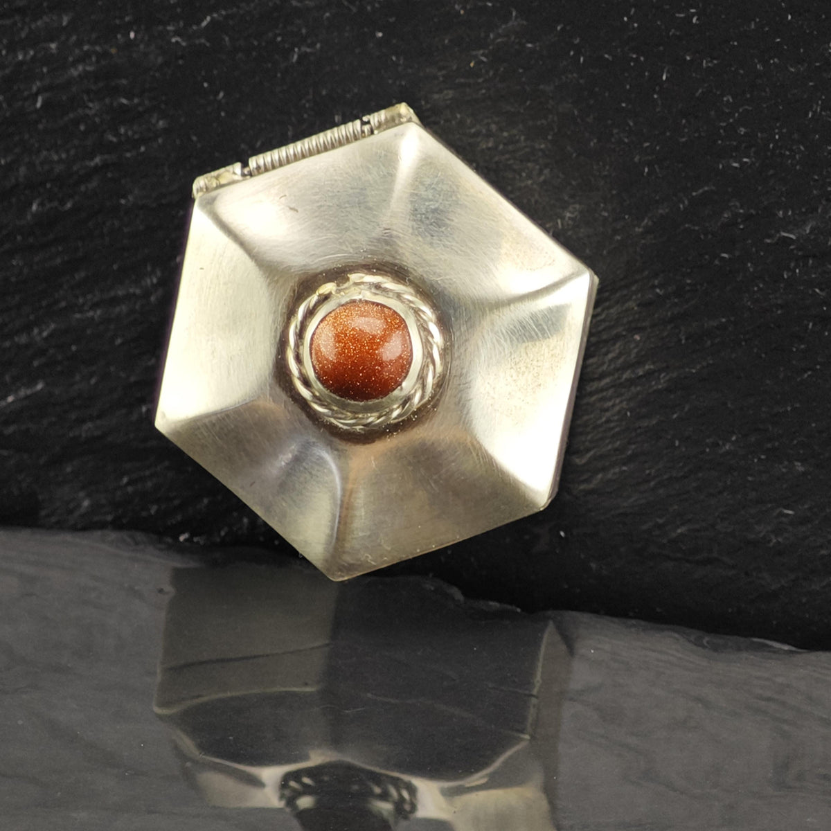 Vintage Orange Goldstone Trinket Box Sterling Silver MISC0424