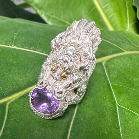 Vintage Large Nepal Amethyst Dragon Purple, Gold Tone Sterling Silver Ring Size 8 1/2