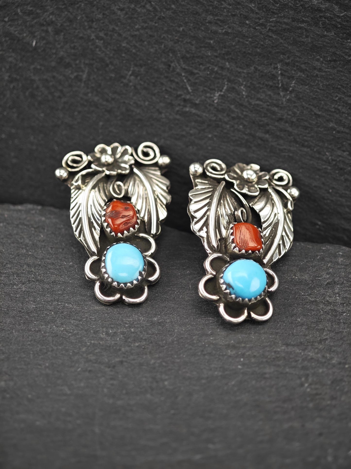 Native American Turquoise & Coral Stud Earrings Sterling Silver