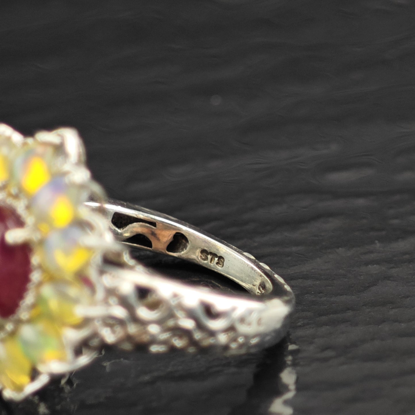 Opal LGF Ruby Flower Design Sterling Silver Ring Sz 5 1/4 R6563