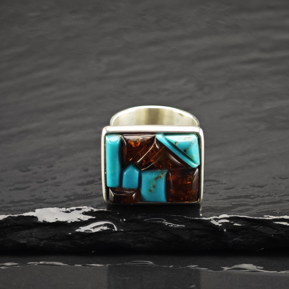 Turquoise Amber Inlay Rectangle Sterling Silver Ring Sz 7 R6865
