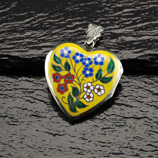 Enamel Heart Floral Locket Sterling Silver Pendant P3159