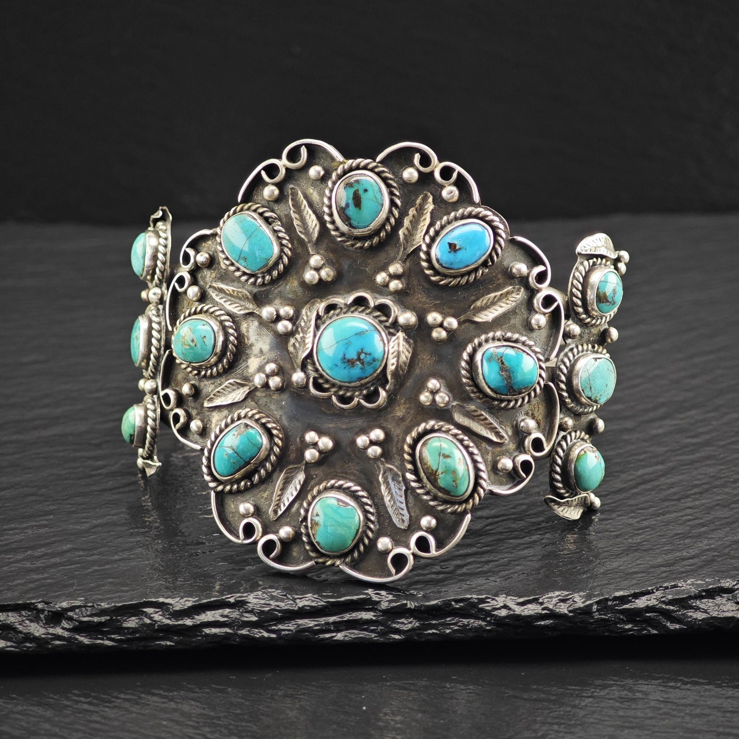 Large Turquoise Floral Cuff Bracelet Native American Sterling Silver