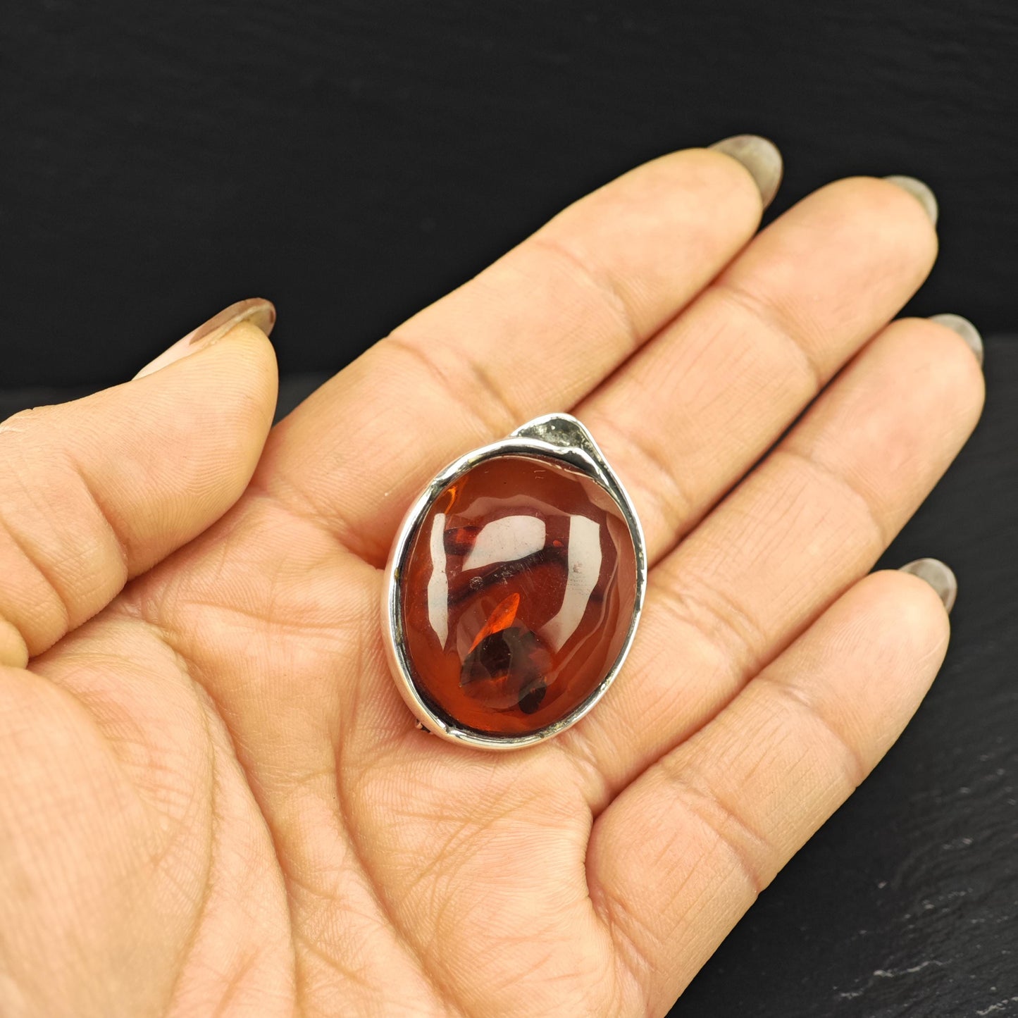 Vintage European Sterling Silver Brooch Oval Orange Natural Amber