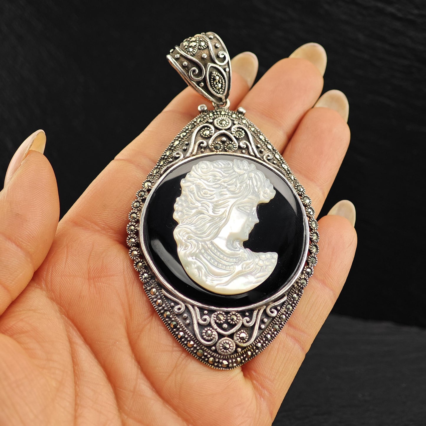 Cameo Pendant in Sterling Silver with MOP Onyx Marcasite P2755