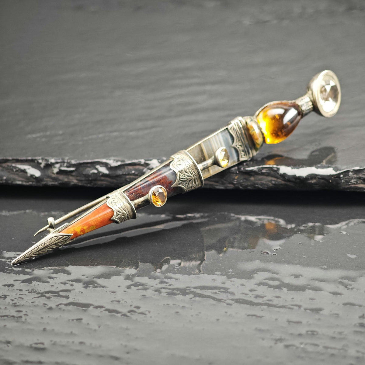 Scottish Agate, Citrine Spire Dirk Kilt Brooch Sterling Silver B2248