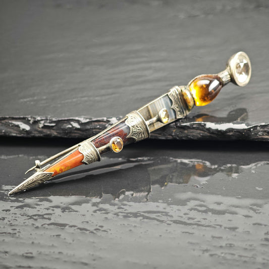 Scottish Agate, Citrine Spire Dirk Kilt Brooch Sterling Silver B2248
