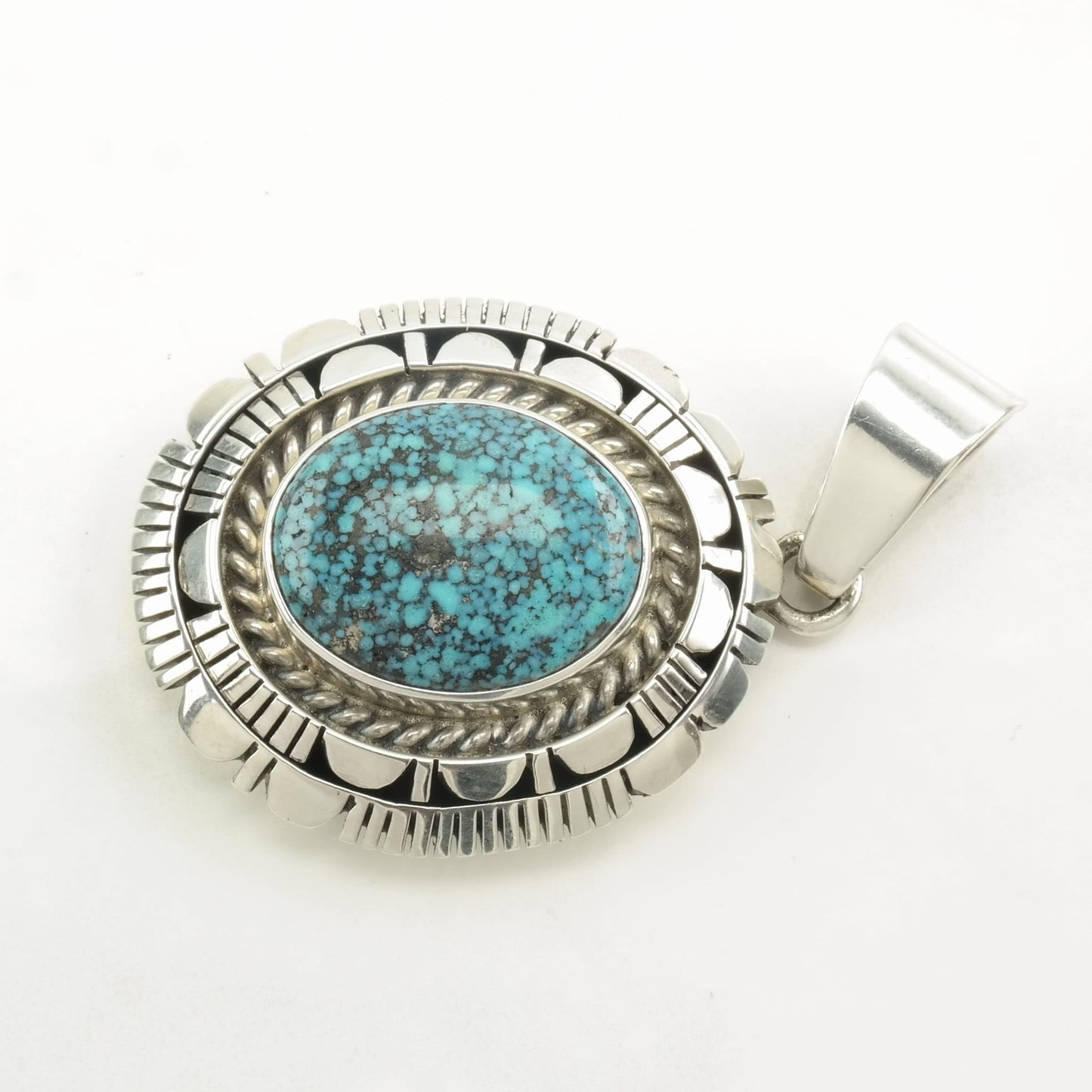 Native American Spiderweb Turquoise Oval Sterling Silver Pendant