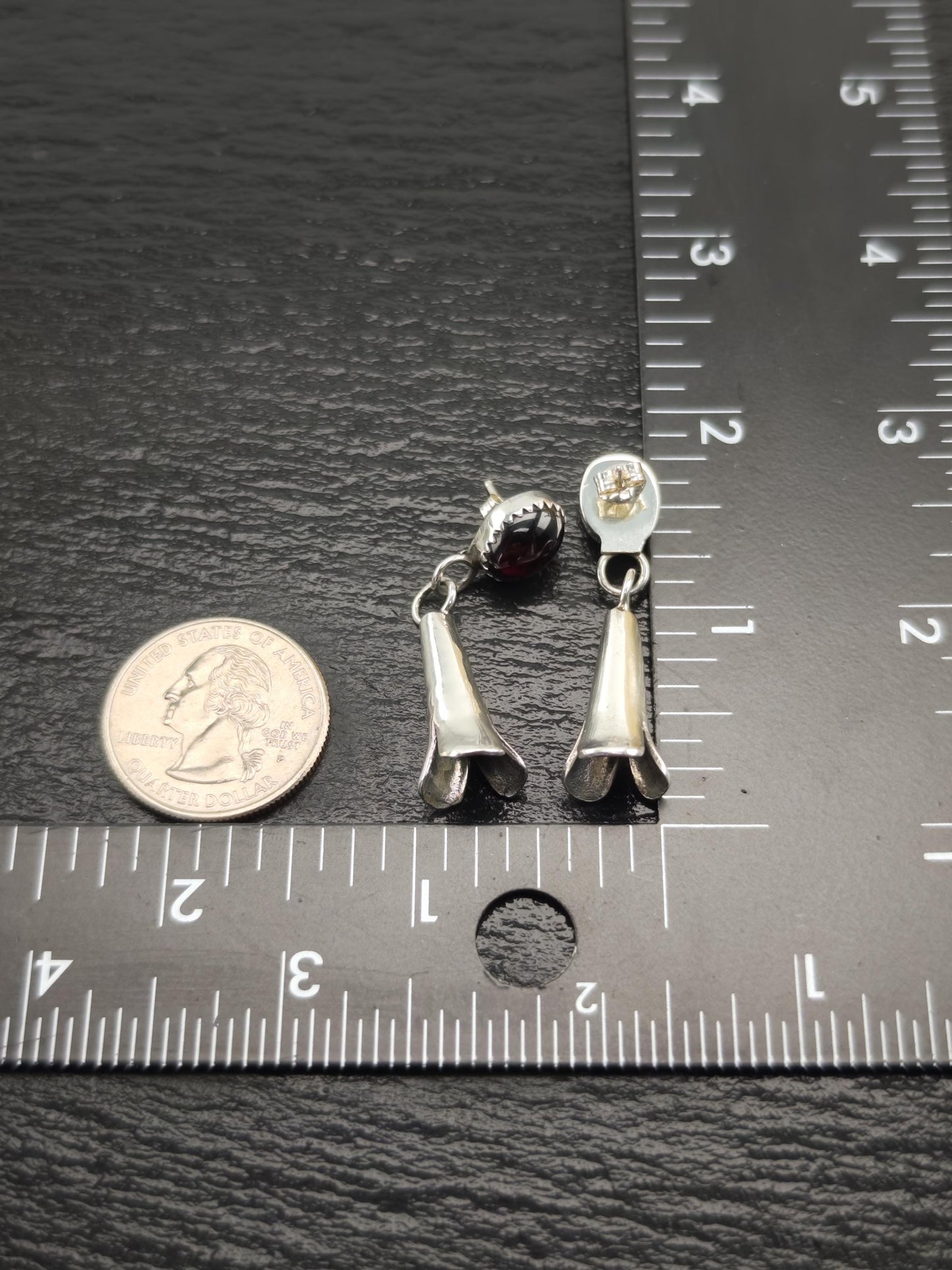 Southwest Red Dark Pyrope Garnet Squash Blossom Stud/Dangle Earrings Sterling Silver