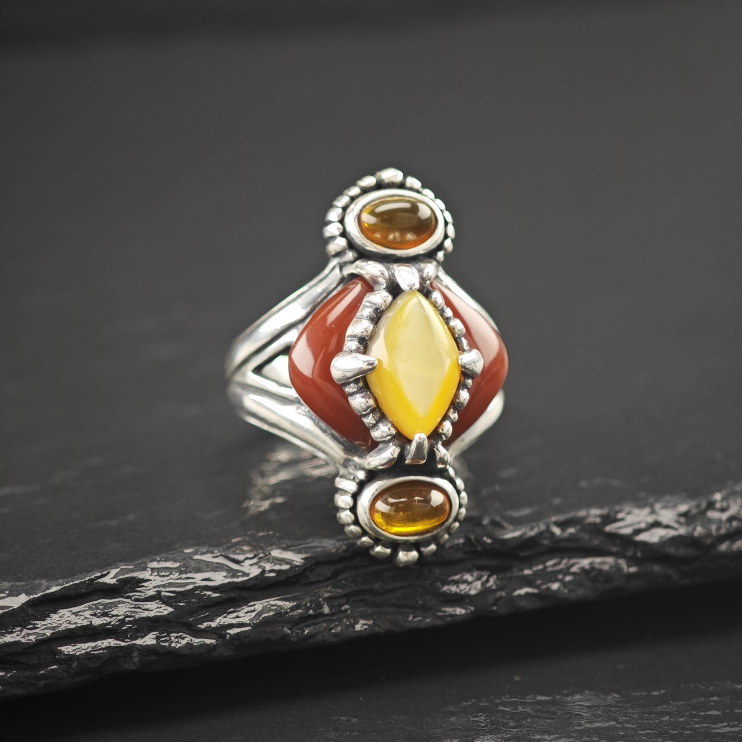 Carolyn Pollack Golden MOP, Carnelian, Amber Ring Sterling Silver
