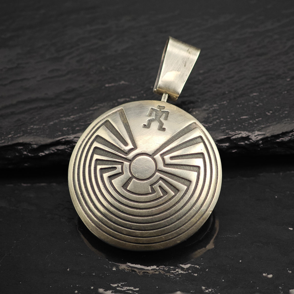 Hopi Overlay Tapuat Overlay Round Sterling Silver Pendant P3136