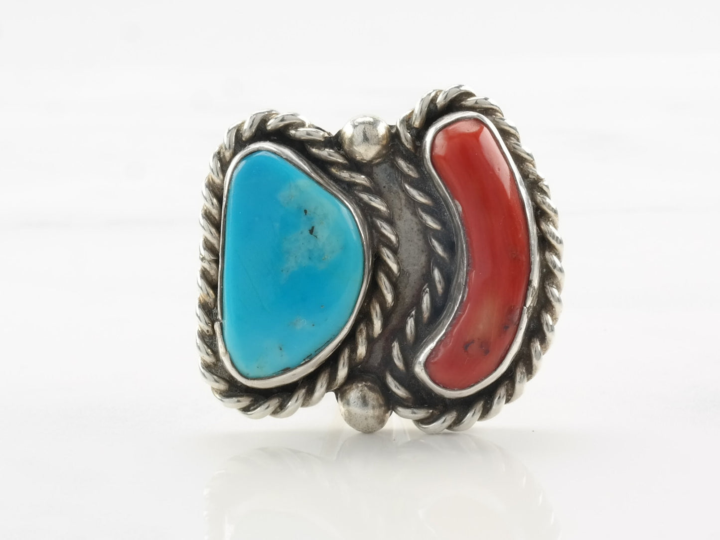 Vintage Native American Ring Turquoise, Coral Sterling Silver Size 6 3/4