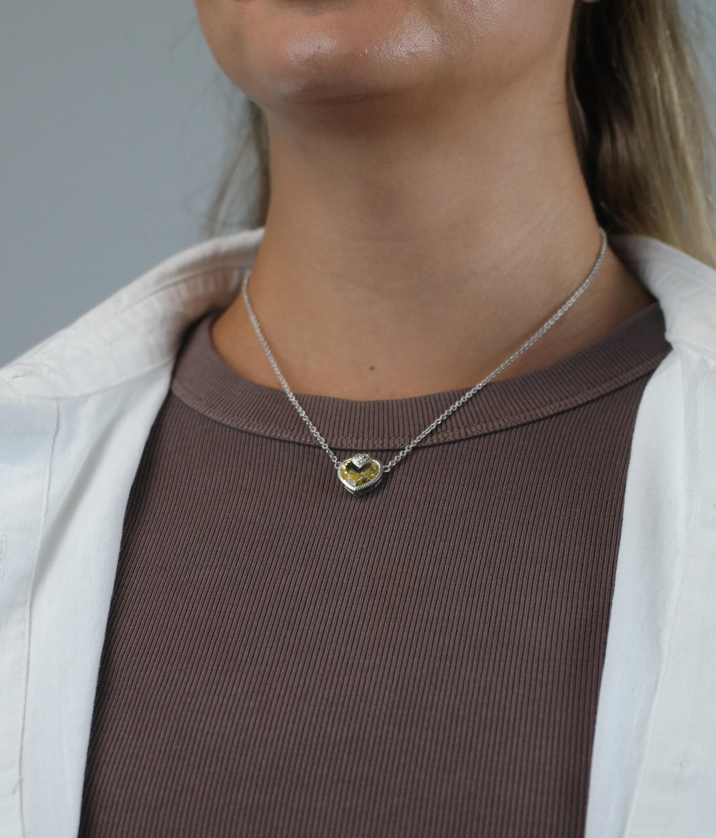 Vintage Judith Ripka Citrine, 18K Gold Accent Heart Necklace Sterling Silver N2733