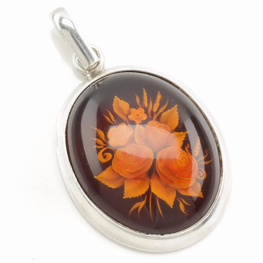 Vintage European Amber, Carved Flower, Intaglio Sterling Silver Pendant
