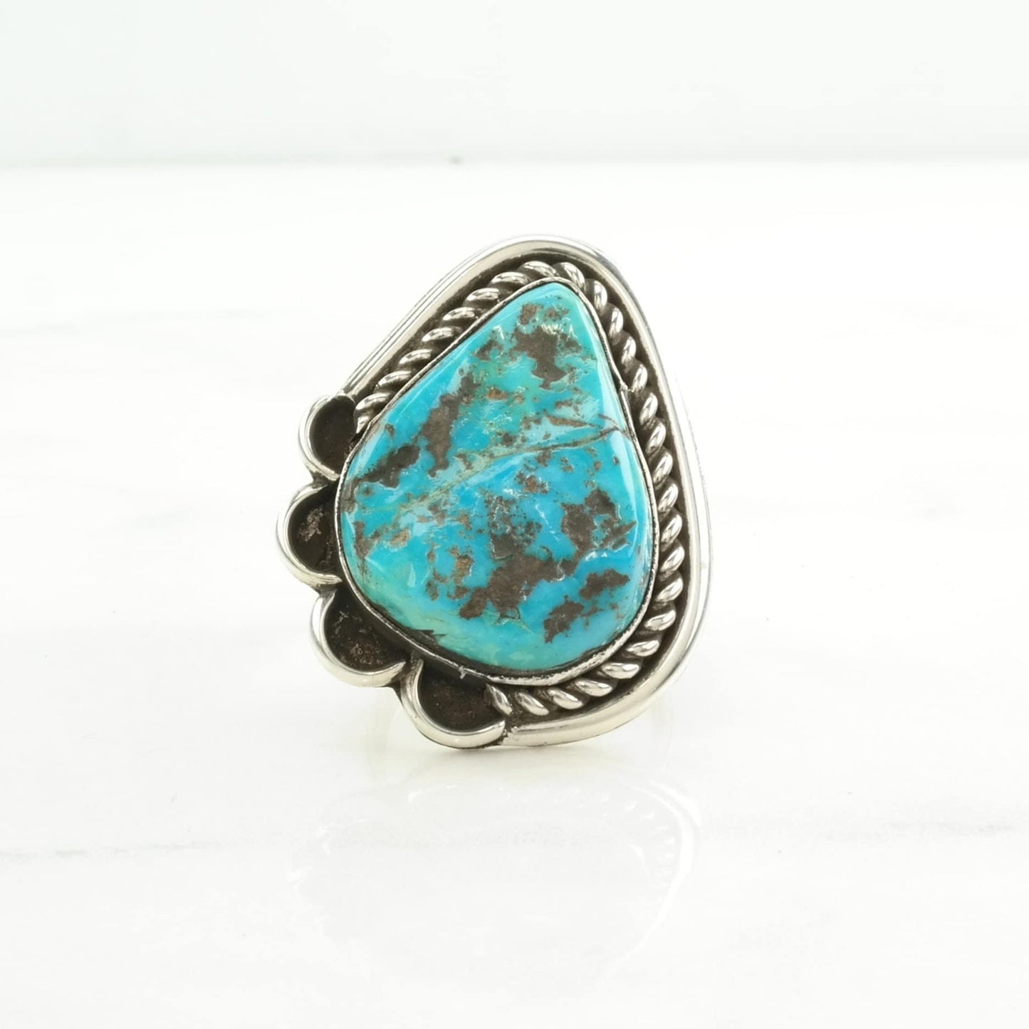 Native American Silver Ring Turquoise Rope Detail, Kingman Sterling Blue Size 8 1/2