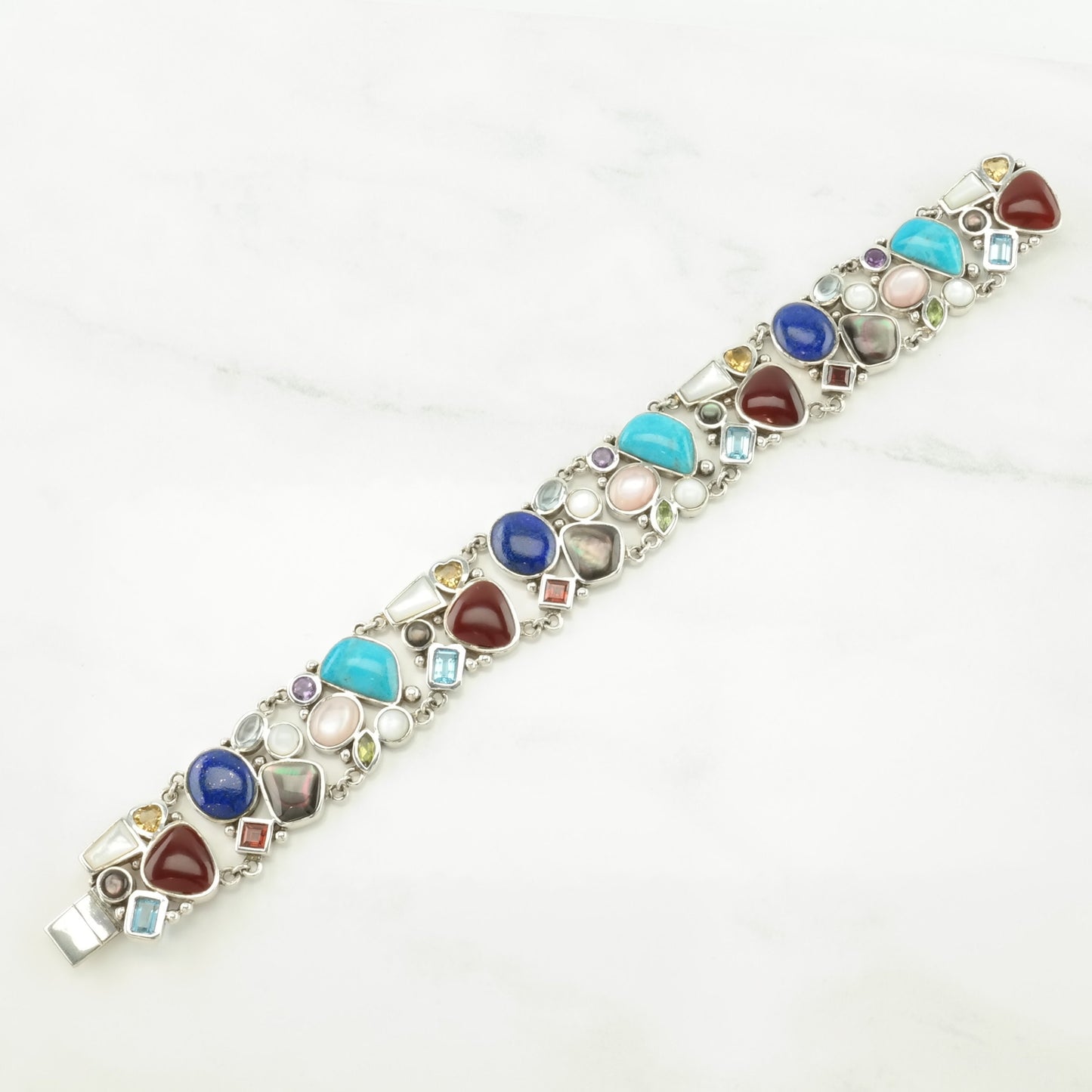 Choice of Vintage Sterling Silver Link/T-Bar Bracelet Multi Stone Cluster, Maximalist