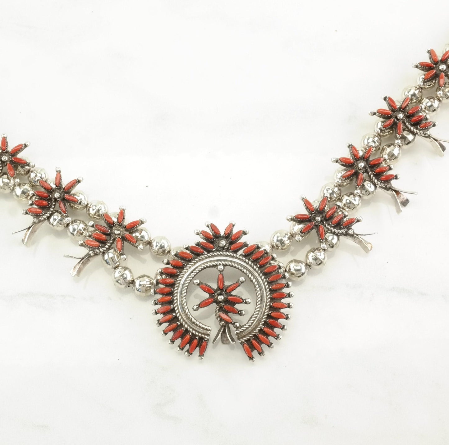 Zuni Sterling Silver Red Coral Petit Point Floral Squash Blossom Necklace 28" N2208
