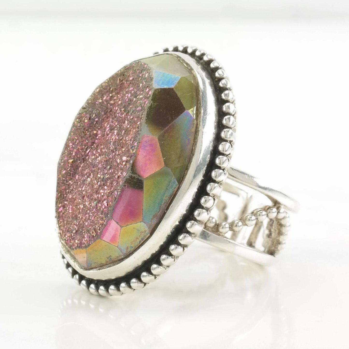 Vintage Sterling Silver Ring Druzy Quartz Huge Pink Size 5 1/2